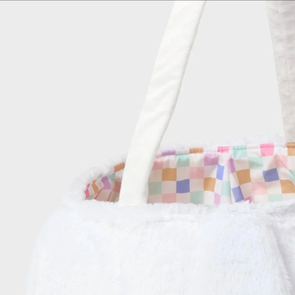 Spritz Jumbo‎ Plush Bunny Easter Basket White Faux Fur Pastel Checkered Lining